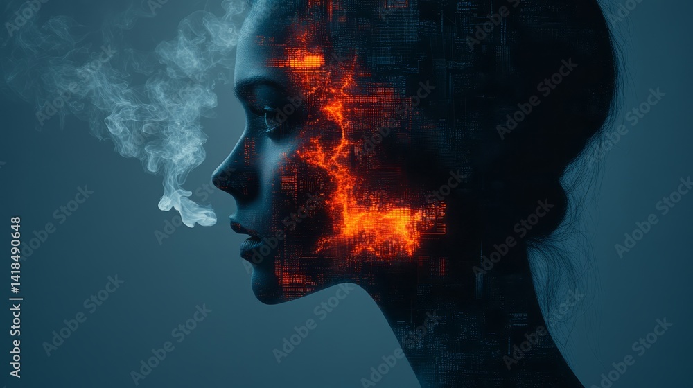 Digital woman with glowing circuitry smoking and expressing internal conflict Digital woman with glowing circuitry smoking and expressing internal conflict