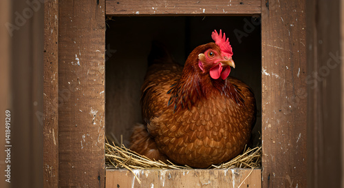 Hen In A Rustic Wooden Coop Nesting Place A Rural Farm Scene