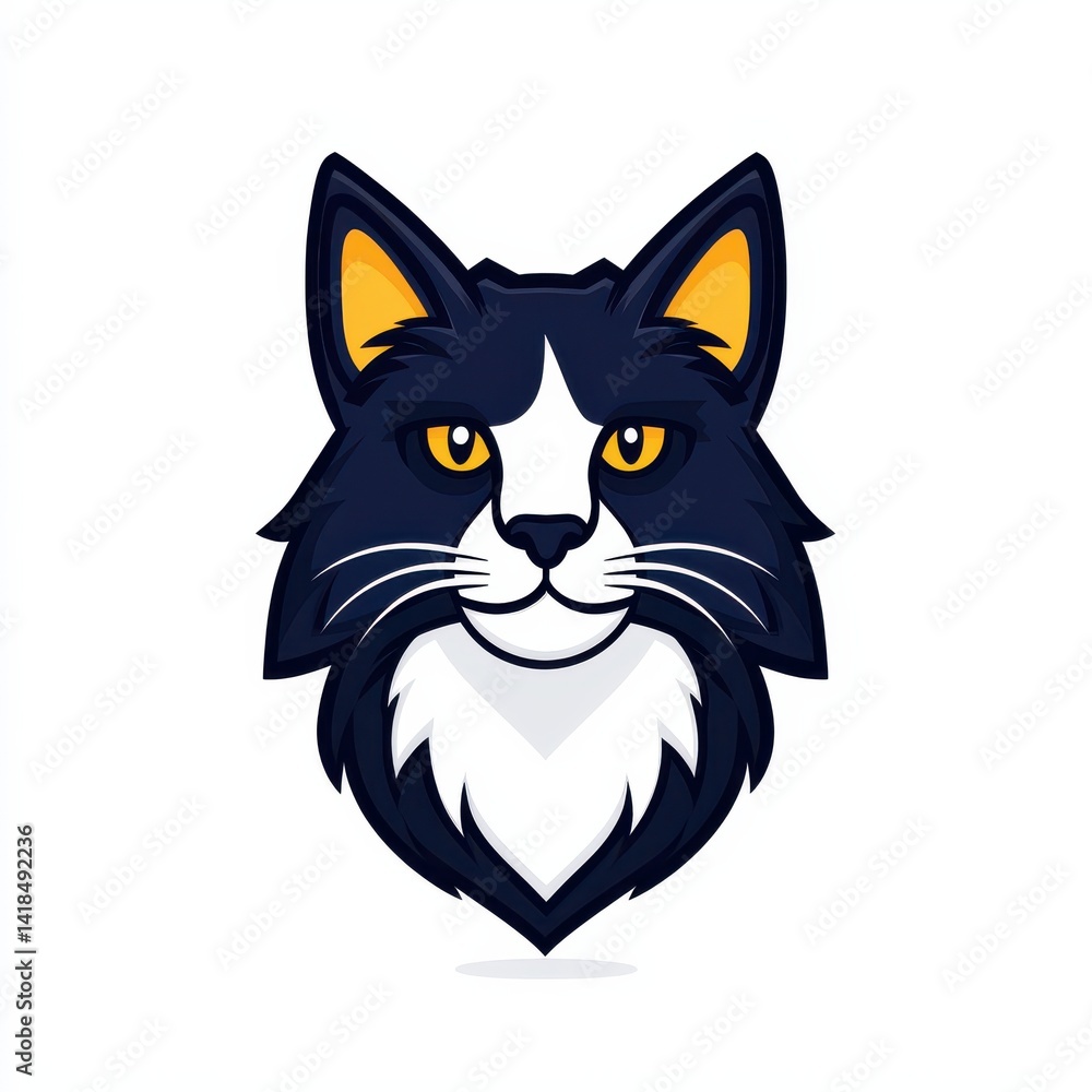 Fototapeta premium Stylized cartoon illustration of a cat's face with dark blue fur, white chin, and vivid yellow eyes