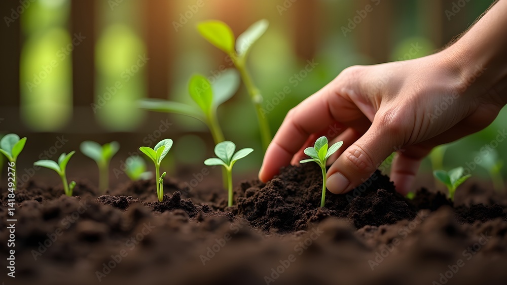 Tender Hand Planting New Seedling in Fertile Soil for Sustainable Growth Tender Hand Planting New Seedling in Fertile Soil for Sustainable Growth