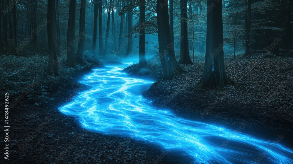 Fototapeta premium A mysterious forest scene featuring a narrow river illuminated with vibrant blue light, winding through tall trees and dense underbrush. The environment is shrouded in a calm, ethereal fog, casting a 