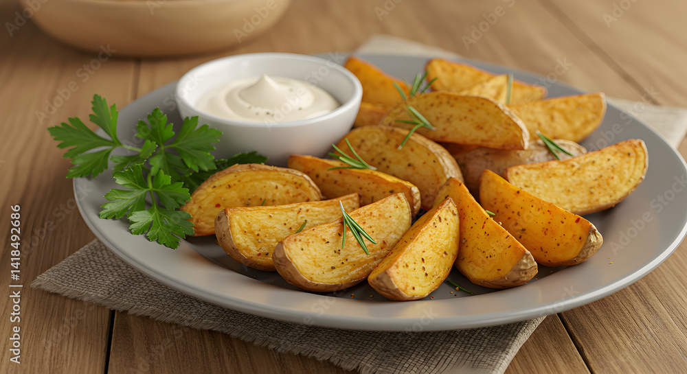 Crispy Baked Potato Wedges with Creamy Dip and Fresh Rosemary Garnishes Crispy Baked Potato Wedges with Creamy Dip and Fresh Rosemary Garnishes