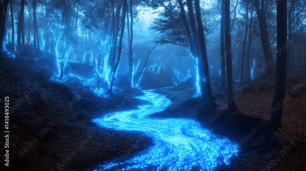 Fototapeta premium Enchanting forest scene illuminated by luminous blue lights, creating a surreal atmosphere. Ethereal fog surrounds the vibrant blue river flowing through the trees, accentuating the magical essence of