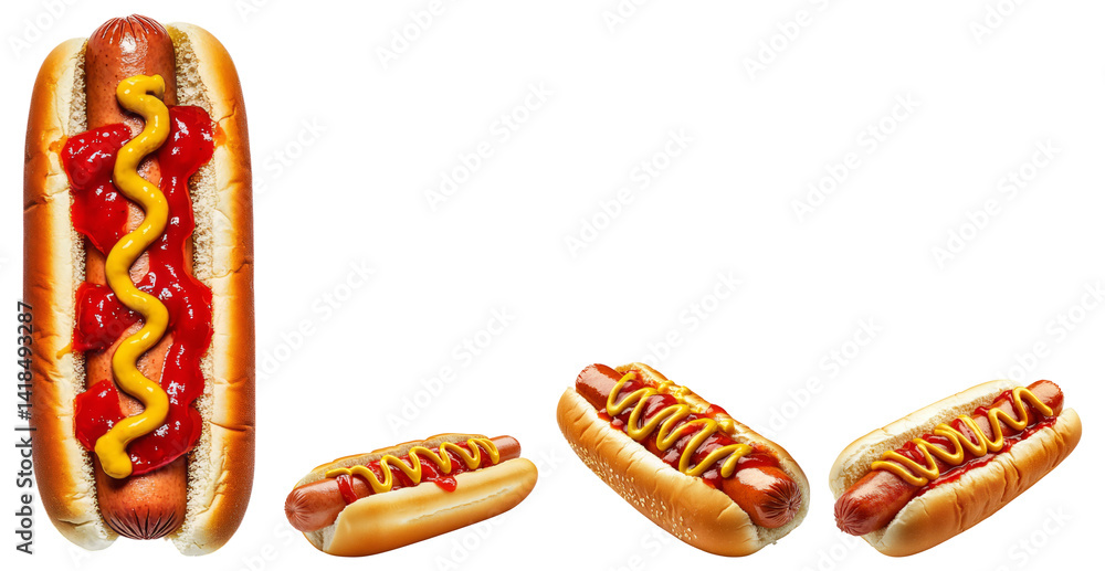 Delicious Hot Dogs with Mustard and Ketchup on a White Background, Isolated on Transparent Background Delicious Hot Dogs with Mustard and Ketchup on a White Background, Isolated on Transparent Background