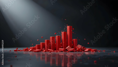 Red Bar Graph Showing Declining Progress with Broken Pieces