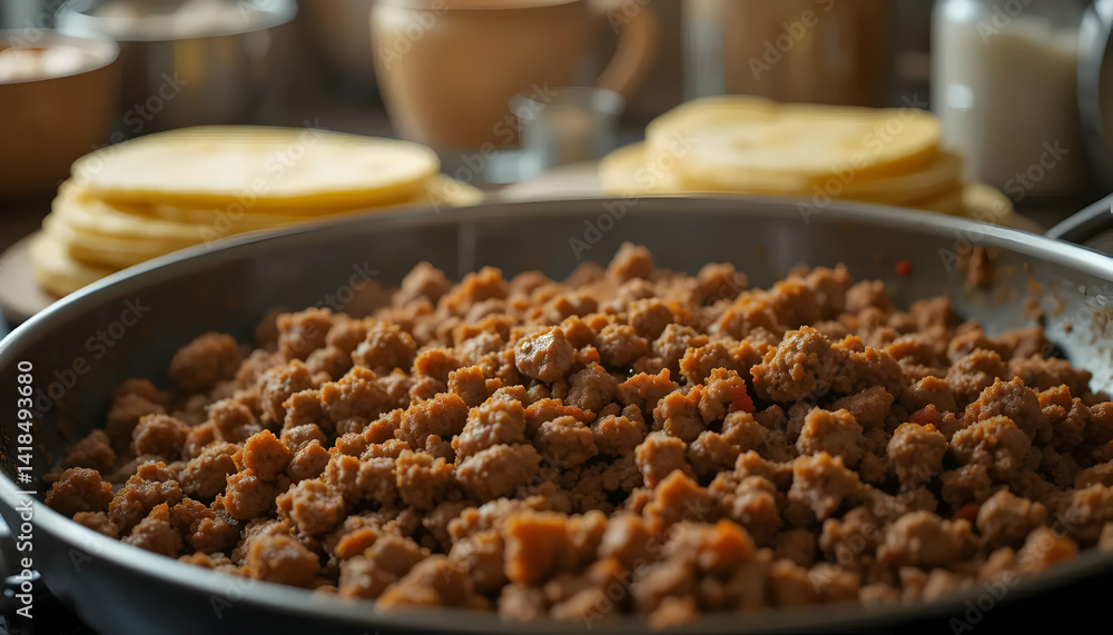 Obraz premium Cooking Ground Meat in Pan with Tortillas for Meal Prep