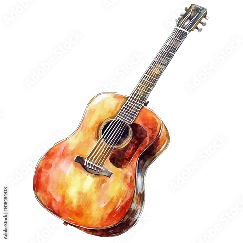 Acoustic Guitar With Sunburst Finish, vector watercolor illustration, isolated on a white background.