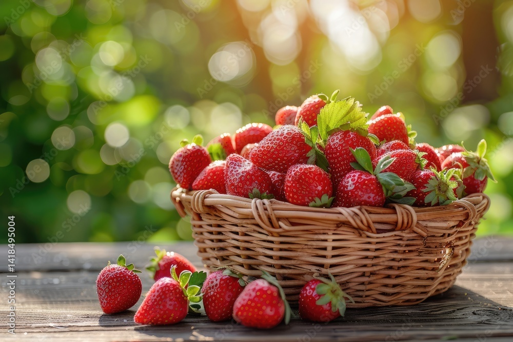 Basket filled with fresh strawberries on a wooden table in a garden. Wooden basket contain red strawberry with fresh red color at garden with blurring background. Summer harvest concept. AIG51. Basket filled with fresh strawberries on a wooden table in a garden. Wooden basket contain red strawberry with fresh red color at garden with blurring background. Summer harvest concept. AIG51.