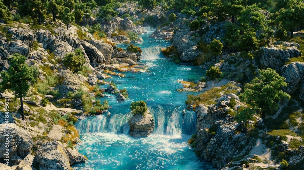 Fototapeta premium Serene River Flowing Through Lush Green Landscape with Waterfalls and Rocky Terrain in a Picturesque Natural Setting