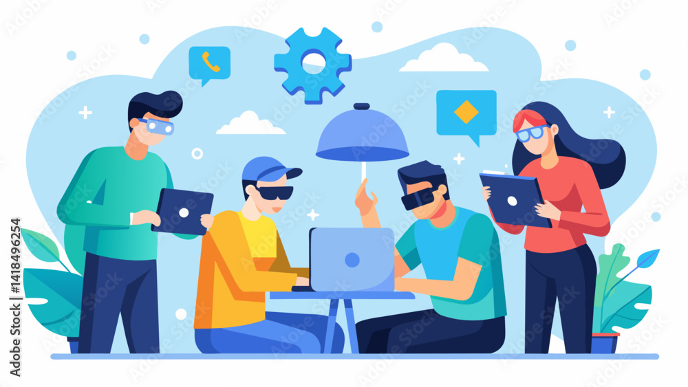 A VR group therapy session where members work together to solve puzzles and challenges promoting teamwork and communication skills.. Vector illustration A VR group therapy session where members work together to solve puzzles and challenges promoting teamwork and communication skills.. Vector illustration