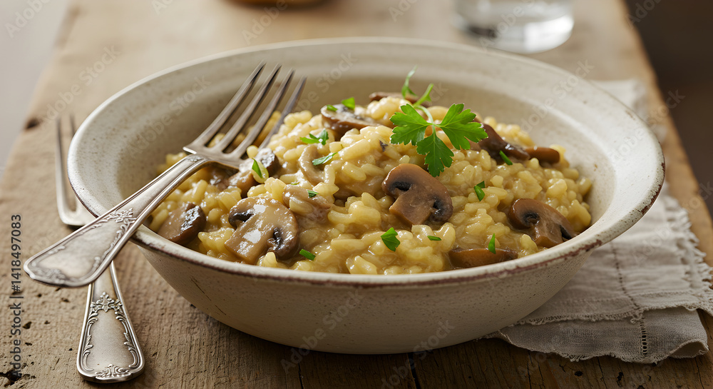 Delicious Creamy Mushroom Risotto Garnished With Fresh Parsley On Wooden Table