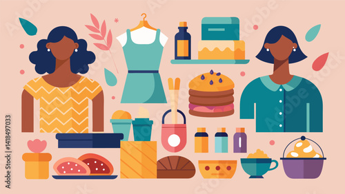 A diverse array of products on display from handmade jewelry and clothing to delicious baked goods and homemade beauty products.. Vector illustration