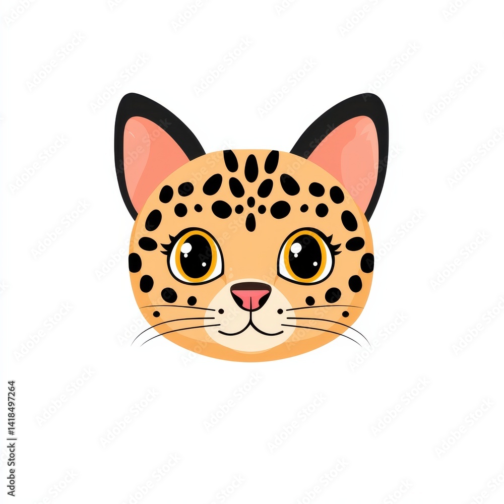 Whimsical illustration of a spotted cat face with large yellow eyes and pink nose Whimsical illustration of a spotted cat face with large yellow eyes and pink nose