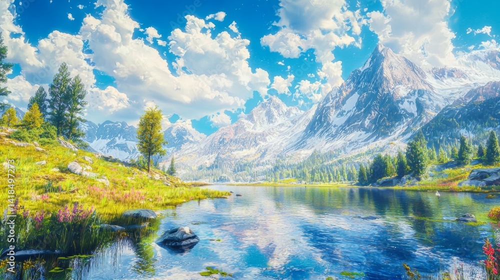 Fototapeta premium Majestic Mountain Landscape Reflecting on Calm Lake with Lush Greenery and Blue Sky Filled with Fluffy Clouds
