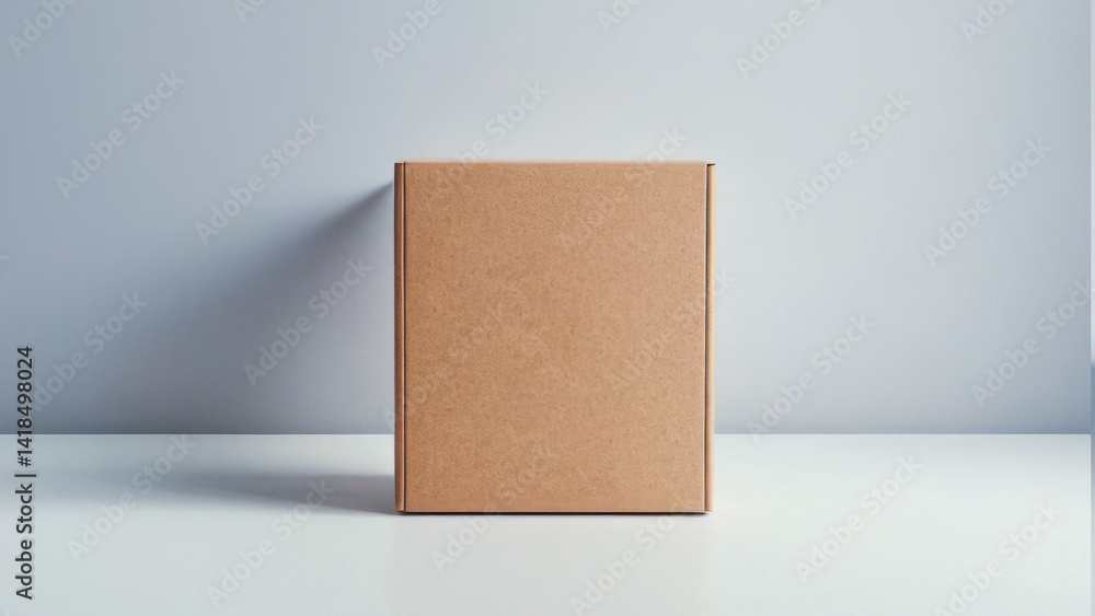 A brown cardboard box sits on a white surface against a light gray wall. Modern photography mockup packaging box for product social media display. A brown cardboard box sits on a white surface against a light gray wall. Modern photography mockup packaging box for product social media display.