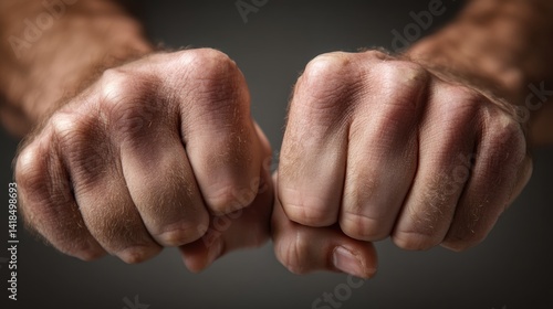 Close-up of two clenched fists, showcasing the details of the skin texture and muscle definition, set against a dark background. The lighting highlights the contours and shadows of the hands, emphasiz
