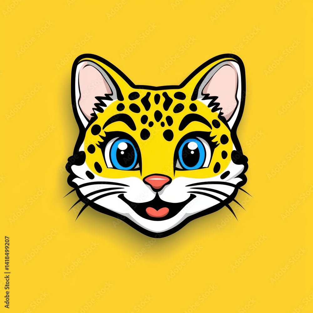 Fototapeta premium Cartoon cat face with blue eyes and yellow spotted fur on a yellow background