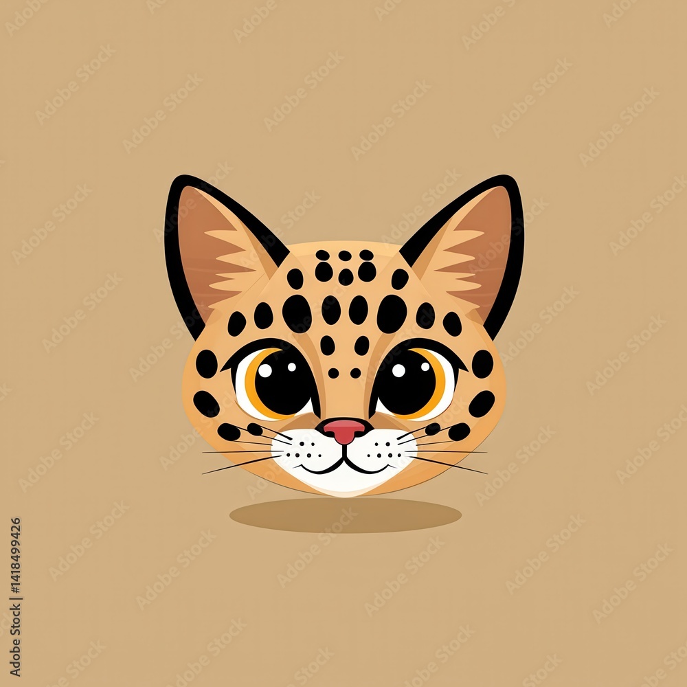 Obraz premium Cartoon illustration of a spotted cat with yellow eyes and a pink nose