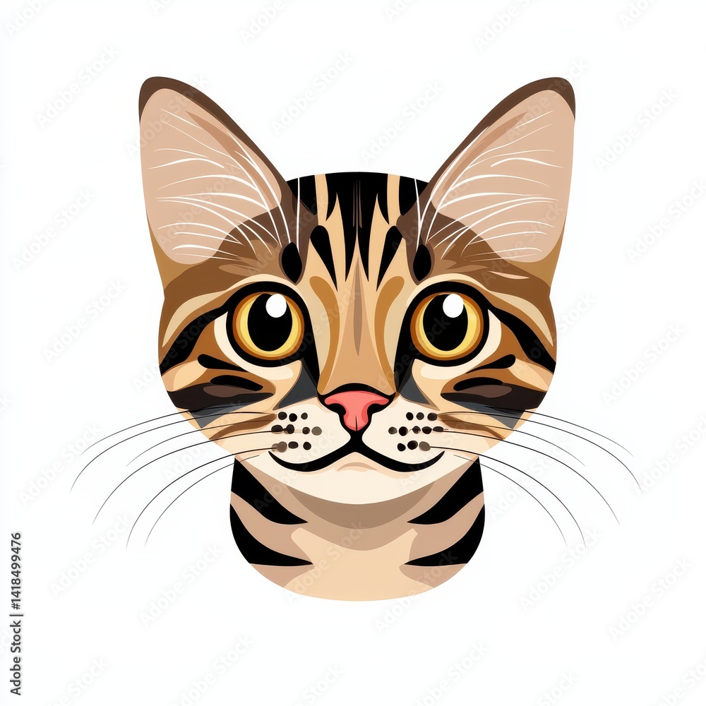 Fototapeta premium Illustration of a cat's face with light brown and black striped fur and yellow eyes