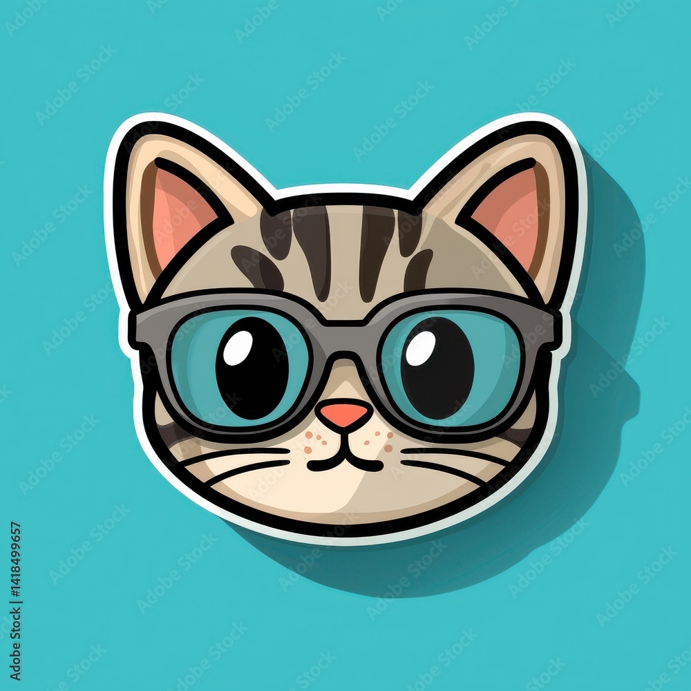 Obraz premium Cartoon illustration of a tabby cat with blue eyes and black-rimmed glasses on a blue background