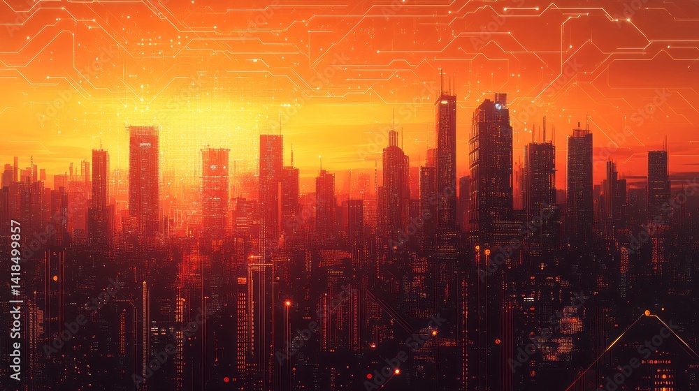 Futuristic cityscape glows with circuit patterns and warm sunset hues Futuristic cityscape glows with circuit patterns and warm sunset hues