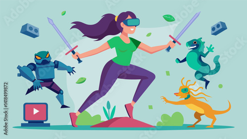 A woman balances on one leg holding a virtual sword as she fends off digital monsters in a VR exergaming session.. Vector illustration