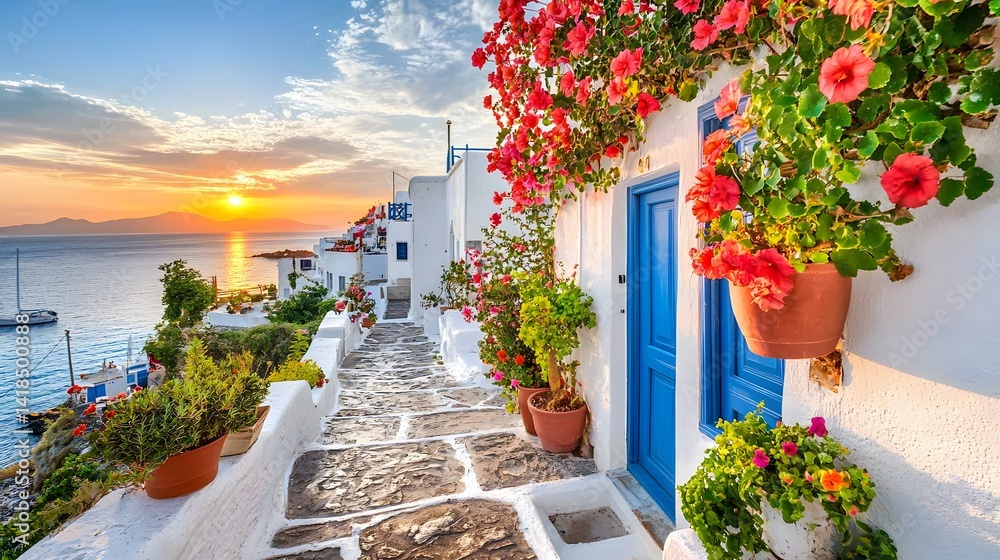 Fototapeta premium Stunning Sunset Over Mediterranean Harbor with Flower-Laden Walkway