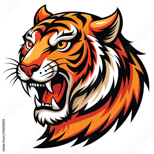 A majestic tiger with vibrant orange and black stripes roars fiercely, displaying its sharp teeth against a bright white background.