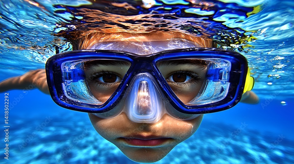 Naklejka premium Young Child Swimming with Snorkel Gear Underwater in Clear Blue Ocean