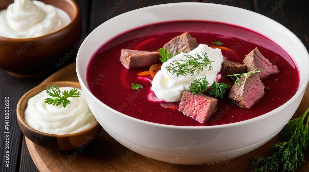A vibrant bowl of borscht garnished with sour cream, herbs, diced meat, and vegetables, beautifully arranged with a golden spoon on a rustic table setting A vibrant bowl of borscht garnished with sour cream, herbs, diced meat, and vegetables, beautifully arranged with a golden spoon on a rustic table setting