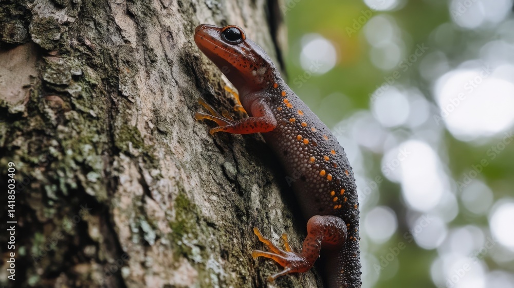 Fototapeta premium A spotted salamander is climbing a tree with rough bark