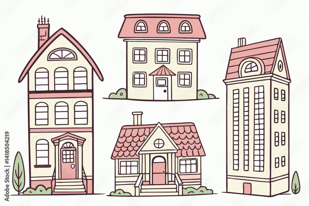 Illustration of houses. Dwelling. Detached house. Architecture. Construction. Residential area. Illustration of houses. Dwelling. Detached house. Architecture. Construction. Residential area.