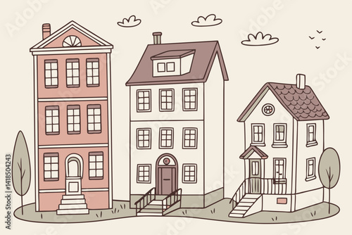 Illustration of houses. Dwelling. Detached house. Architecture. Construction. Residential area.