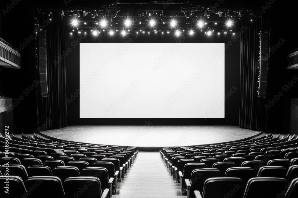 Fototapeta premium large blank screen in theater setting, surrounded by empty seats and bright stage lights, creates inviting atmosphere for performances
