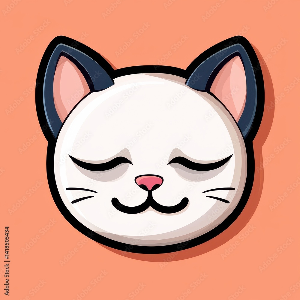 Cartoon cat face with blue ears and closed eyes on a light peach background Cartoon cat face with blue ears and closed eyes on a light peach background