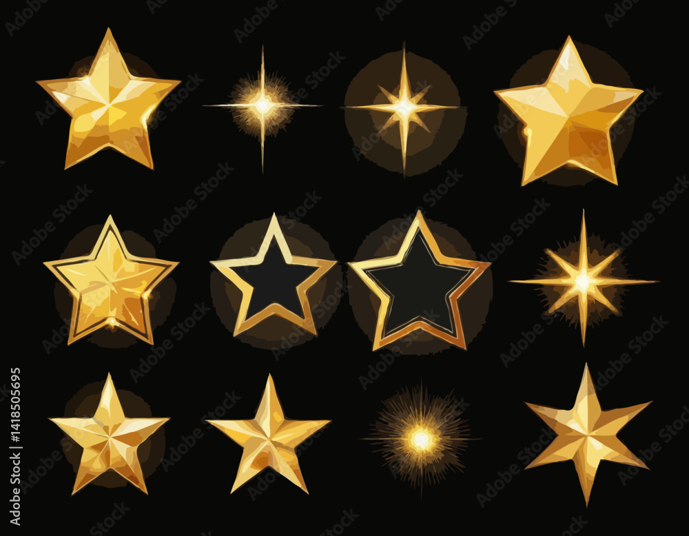 Gold Glow lighting Star. Collection of different light effects on black background. Set of Transparent Sparkling stars. Realistic vector illustration Gold Glow lighting Star. Collection of different light effects on black background. Set of Transparent Sparkling stars. Realistic vector illustration