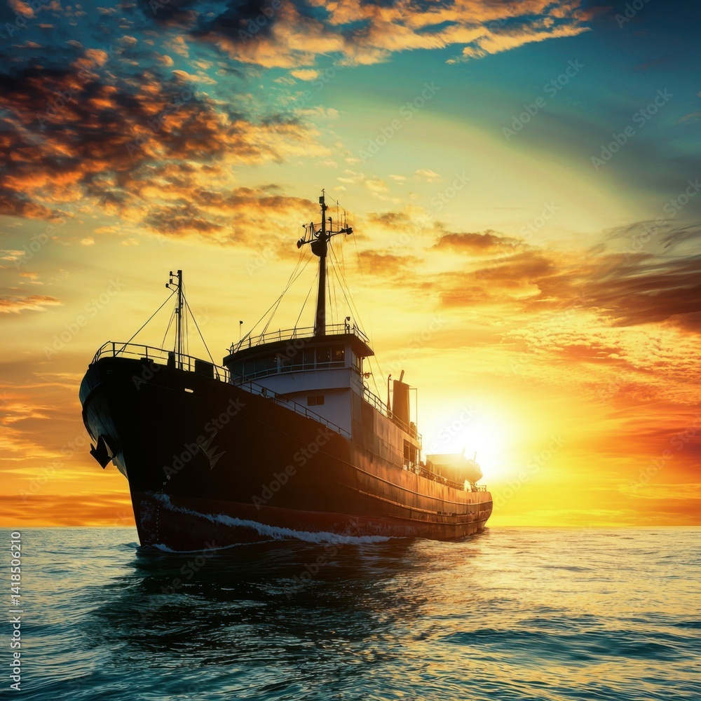 Fototapeta premium A majestic cargo ship sails majestically towards a breathtaking sunset over tranquil ocean waters creating a serene and picturesque scene of nautical adventure at golden hour.