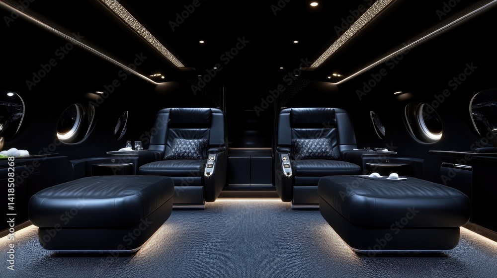 Obraz premium Luxurious private jet cabin interior. Spacious, dark, and opulent. High-end leather seating. Reclining chairs ideal for relaxation. Discreet lighting accents the seating and floor