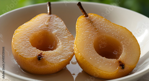 Halved Pears Ready Served In a White Bowl Close Up Photography