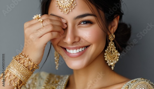 Obraz na płótnie A beautiful Indian woman in traditional wedding attire, smiling and holding her hand to her face with red nail polish, adorned with intricate jewelry and makeup. w salonie