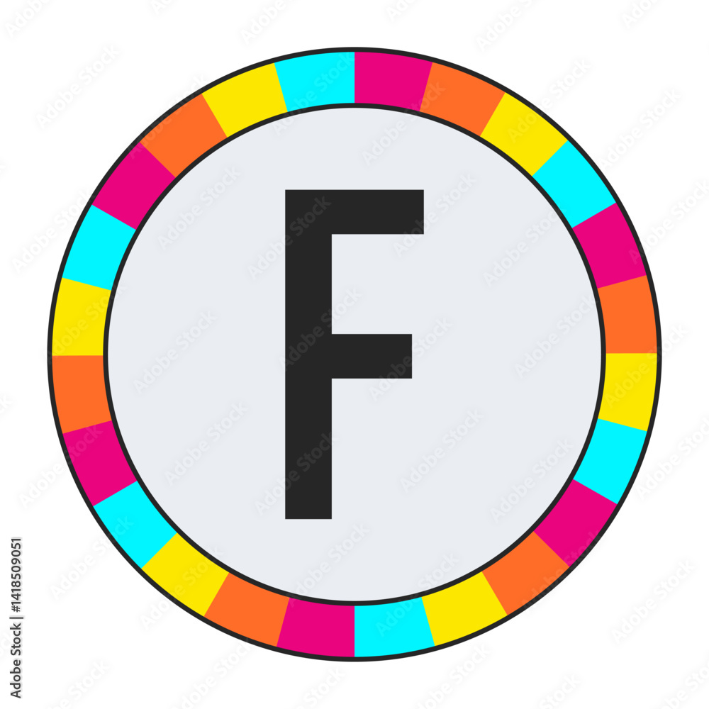 Obraz premium Black CAPITAL Letter F on Light Background with Vibrant Multicolor Circle Frame, enclosed in a black frame.