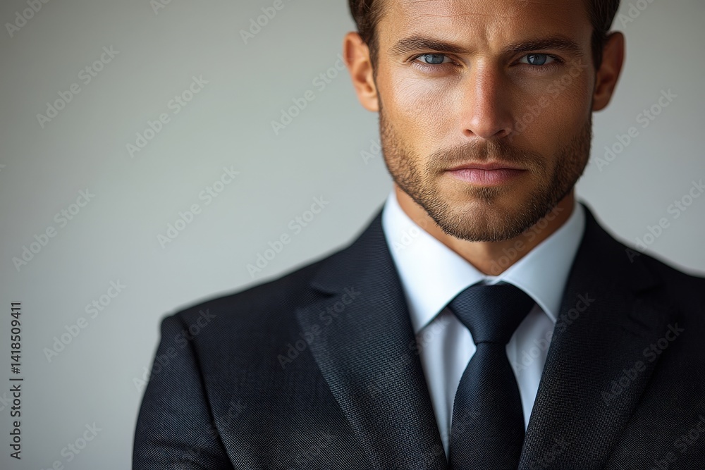 Close-up portrait of a man in a suit, serious expression Close-up portrait of a man in a suit, serious expression