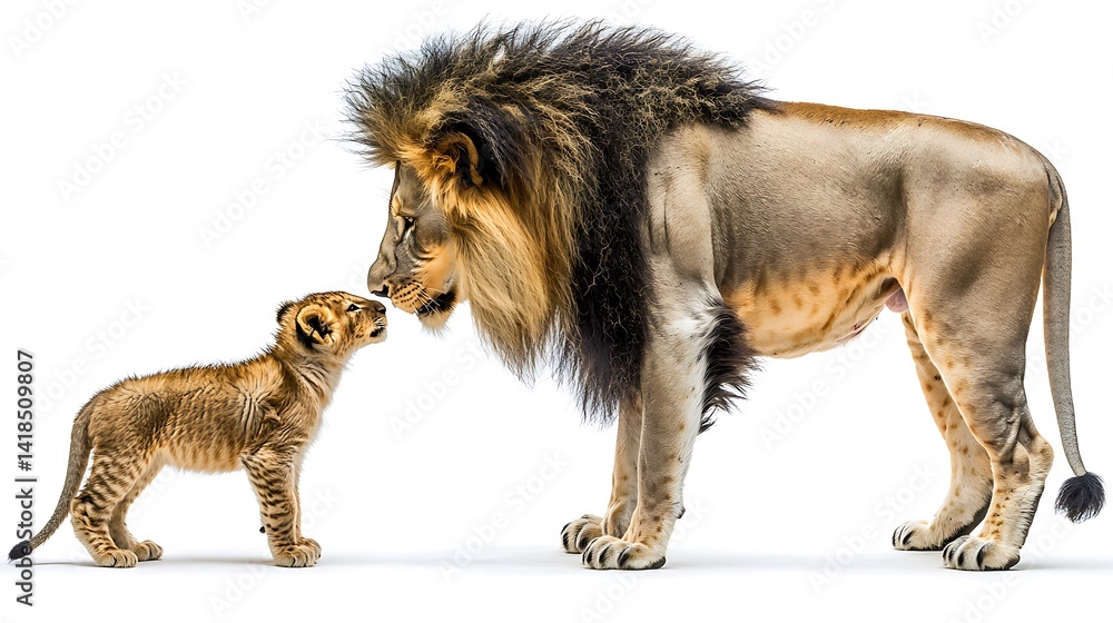 Fototapeta premium Majestic Lion and Playful Cub Bonding in Soft Light Environment
