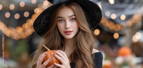 Obraz na płótnie A beautiful young witch with bright blue hair, dressed in black and a hat, holds up an orange pumpkin to the camera w salonie