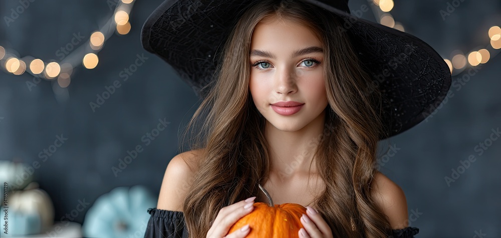 A beautiful witch with long hair in a black dress and hat, holding a Halloween pumpkin.