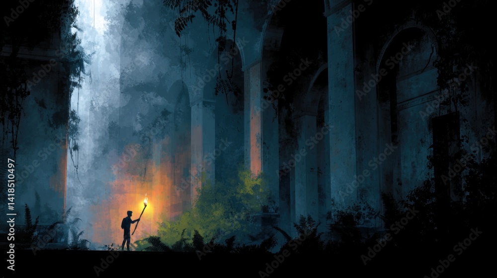 A solitary figure stands in an ancient, overgrown ruin illuminated by an ethereal glow. The scene captures the interplay of light and shadow, highlighting the decaying architecture and lush vegetation A solitary figure stands in an ancient, overgrown ruin illuminated by an ethereal glow. The scene captures the interplay of light and shadow, highlighting the decaying architecture and lush vegetation