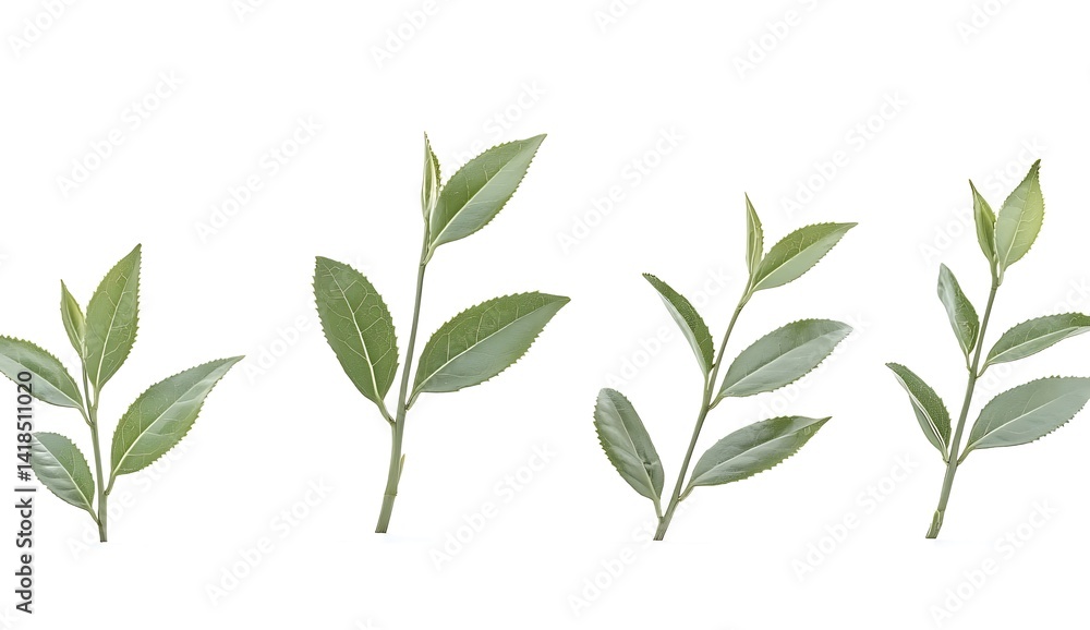 Fresh Green Tea Leaves on a White Background Displaying Natural Beauty Fresh Green Tea Leaves on a White Background Displaying Natural Beauty