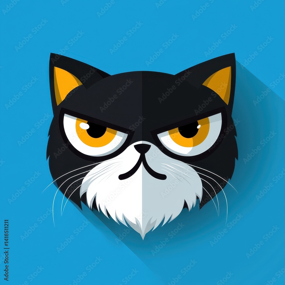 Close-up illustration of a cat with black fur, yellow eyes, and orange ears on a blue background Close-up illustration of a cat with black fur, yellow eyes, and orange ears on a blue background