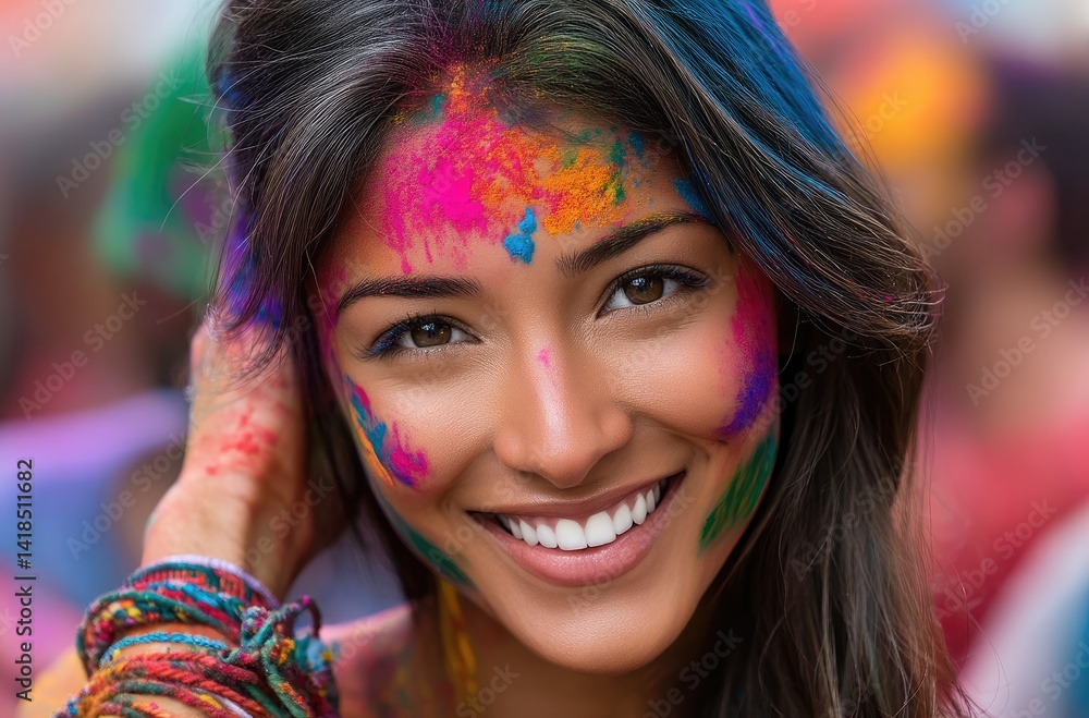A beautiful Indian woman in her late thirties, covered with a bright Holi powder color explosion from behind