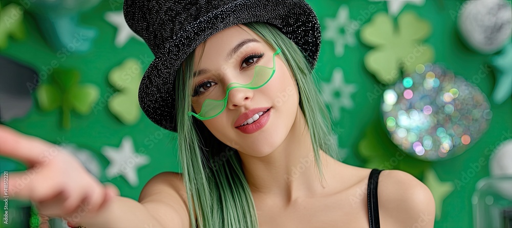 St. Patrick's Day video with an oscillating green background featuring shamrocks and a beautiful woman wearing a top hat, a black dress, and green hair